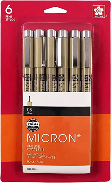 Sakura 50039 6-Piece Pigma Micron-08 Ink Pen Set, 0.50mm, Black