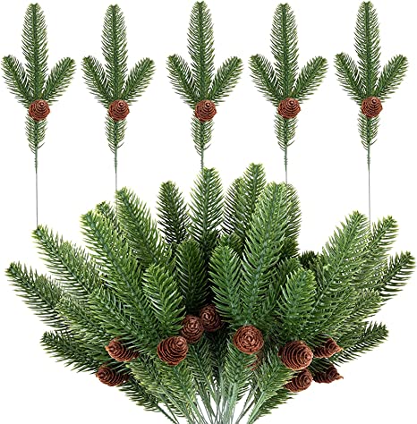 Purple Star 30 PCS Artificial Pine Branches, 11 Inch Christmas Pine Branches with Cones, Fake Pine Cones Green Plants Needle for DIY Garland Wreath Christmas Embellishing and Home Garden Decoration