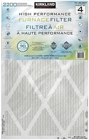 Kirkland Signature High Performance Furnace Filter, 2200 Microparticle Performance Elite Allergen Reduction - 4 PACK (16x25x1) - 90 Day - Dual Airflow Technology