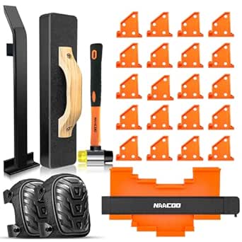 Laminate Flooring Tools, Vinyl Flooring Tools, Heavy Tapping Block, Heavy Pull Bar, Knee Pads, 10” Contour Gauge, 20pc Upgrade Flooring Spacers, Rubber Mallet | Pro 6 in 1 Flooring Installation Kit