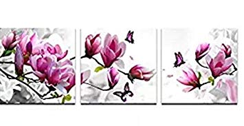 Wieco Art Butterfly in Magnolia Canvas Prints Wall Art 3 Piece Purple Flowers Pictures Paintings for Living Room Bedroom Home Decorations Modern Stretched and Framed Grace Purple Floral Giclee Artwork