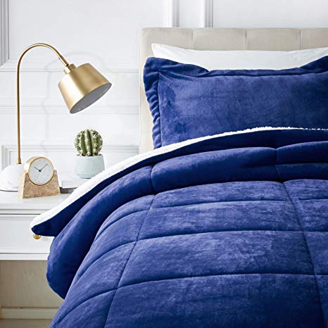 AmazonBasics Micromink Sherpa Comforter Set - Ultra-Soft, Fray-Resistant -  Twin, Navy