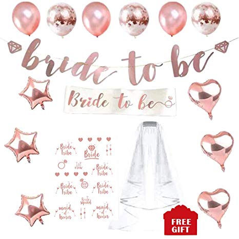 Purejoy Rose Gold Bachelorette Party Decorations Kit Bridal Shower Supplies | Bride to Be Sash & Banner, Veil, Heart & Star Foil, Rose & Confetti Balloons, Flash Tattoos   Bonus
