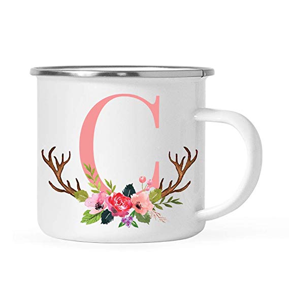 Stainless Steel 10 oz Campfire Coffee Mug Gift, Deer Antler Floral Flowers Monogram Initial Letter E, Tea Mug, Christmas Birthday Camping Camp Cup, Includes Gift Box