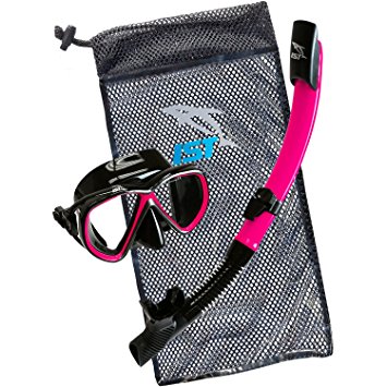 IST Snorkeling Combo Set: Mask, Semi-Dry Snorkel, Mesh Travel Bag (Adult and Junior sizes)
