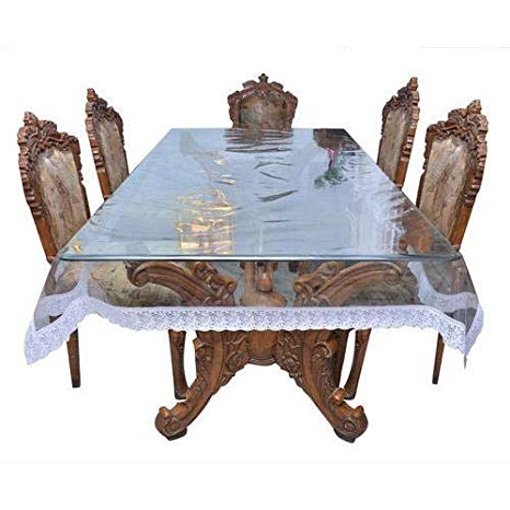 AP$COLLECTION Transparent Dining Table Waterproof Clear Table Cover, Beautiful White Lace Easy to Clean and Durable (60-Inch Round)