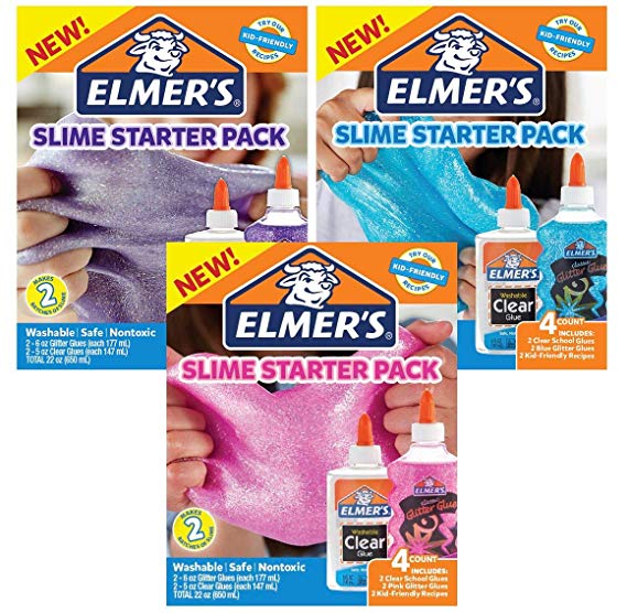 Elmer's Slime Starter Kit, 2 Pink, 2 Blue & 2 Purple Glitter Glues With 6 Washable Clear Glues, Total of 12 Bottles