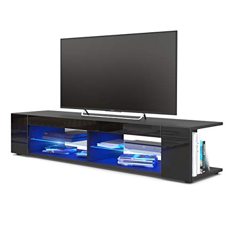 Vladon TV Unit Stand Movie, Carcass in Black matt/Front in Black High Gloss with LED lighting in Blue