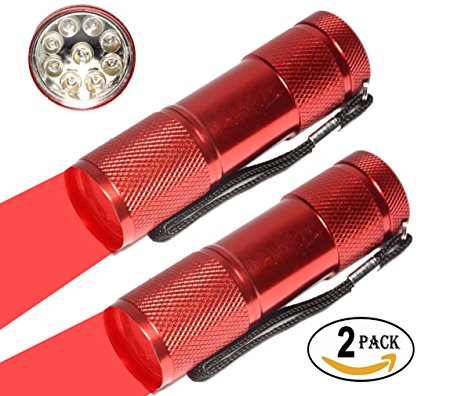 Red LED Flashlight, 9 LEDs Night Vision Red Light Flashlight, Red Hunting Light and Red Aviation Light, For Reading Charts, Astronomy, Aviation, Night Observation, Hunting-Red Flashlight House(2 Pack)