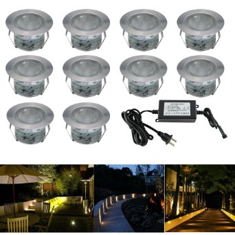Low Voltage LED Deck Lighting Kit Stainless Steel Waterproof Outdoor Landscape Garden Yard Patio Step Decoration Lamps LED In-ground Lights, Pack of 10(Warm White)