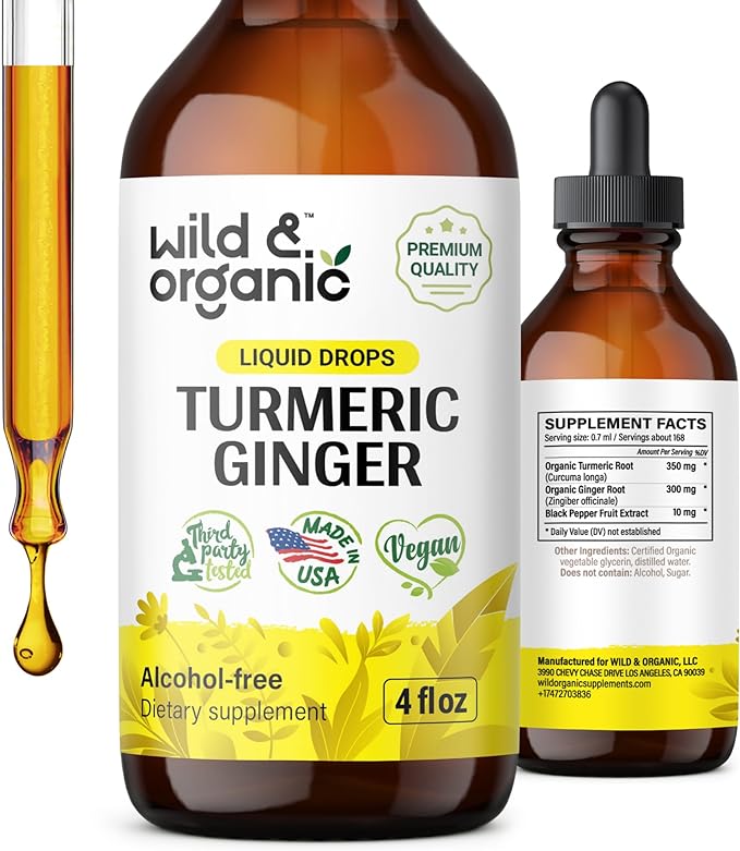 Turmeric Ginger Liquid Supplement - Ginger Turmeric with Black Pepper - Organic Turmeric Curcumin and Ginger Tincture - Vegan, Alcohol Free Drops - 4 fl oz