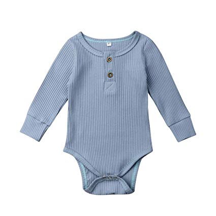 Seyurigaoka Newborn Unisex Baby Solid Onesies Basic Plain Rib Stitch Long Sleeve Bodysuit Clothes for Infant Boy Girl