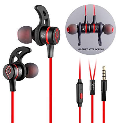 Headset, Parasom R2 Magnet Attraction Sport In-Ear Earbuds Heaphones Earphones with Mic Stereo Bass & Phone and Track Control (Black/Red)