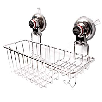 BlueHills Super Strong Premium Rust Proof Stainless-Steel Metal Suction Cup for Bathroom Kitchen Large Caddy, Soap Shampoo Makeup Spice Suction Cup Kitchen Caddy Organizer with Hooks, C002