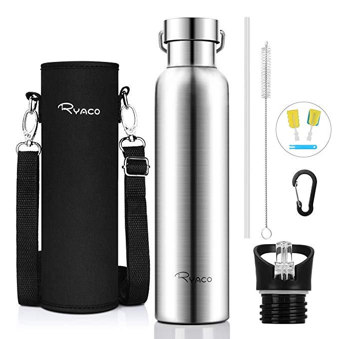 Ryaco Stainless Steel Water Bottle 750ml, Vacuum Insulated Double Walled Drinking Bottle BPA-Free Leak Proof Flask, Stay Cold for 24Hrs & Hot for 12Hrs, with 2 Exchangeable Caps, Neoprene Sleeve