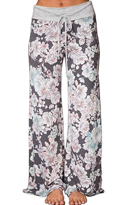 Angashion Women's High Waist Casual Floral Print Drawstring Wide Leg Pants