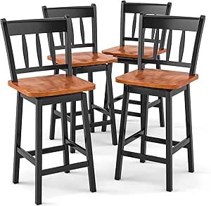 COSTWAY Bar Stools Set of 4, 24.5 Inch Solid Rubber Wood Bar Chairs with 360 °Swiveling, Footrest, Swivel Counter Height Barstools with back Ideal for Kitchen Island, Counter, Pub(set of 4, Black)