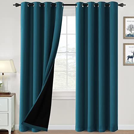 100% Blackout Curtains for Bedroom Thermal Insulated Blackout Curtains 84 inch Length Heat and Full Light Blocking Curtains Window Drapes for Living Room with Black Liner 2 Panels Set, Dark Teal