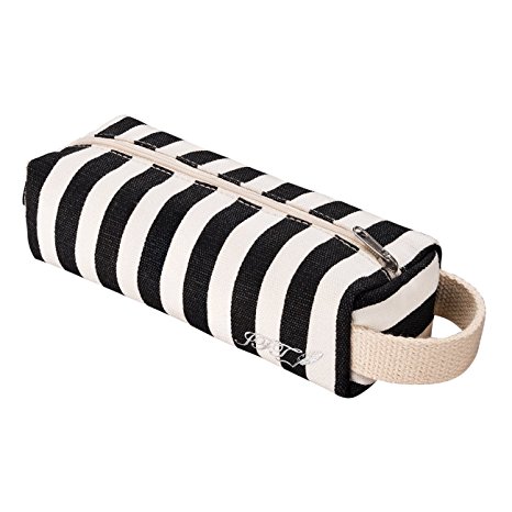 JFT Black & White Stripe Canvas Cylindrical Pencil Case- Premium Quality Zippered Pencil Pouch To Be Used As A Pencil Holder Or Travel Makeup Bag- Modern Design, Washable Fabric, Amazing Gift