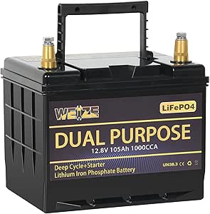 WEIZE 12V 105AH Dual Purpose LiFePO4 Lithium Battery, 1000CCA Group 31 Group 27 GC2 Starter Battery Plus Deep Cycle Performance, Built-in Smart BMS, Perfect for Automotive, Trolling Motor, Marine, RV