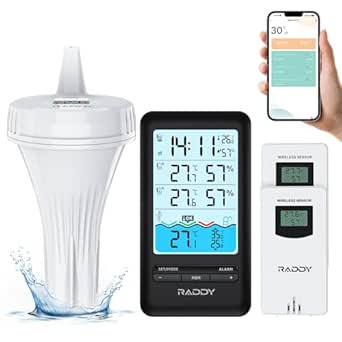 Raddy PT-3 Smart Pool Thermometer with 2 Additional Remote Sensors,Digital Swimming Pool APP Remote Monitor with IPX7 Waterproof, Remote App Notification Alert for Ice Bath Tub, Fishbowl, Pond,Hot Tub