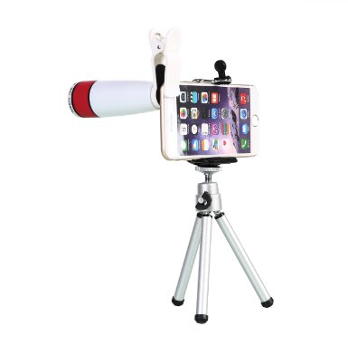 WONBSDOM Universal 12X Zoom Clip-On Aluminum Telephoto Manual Focus Telescope Camera Lens Phone Lens (White) with Tripod   Retractable Phone Holder   Microfiber Cleaning Cloth for iPhone 4S 5 5S 5C 6 iTouch iPad Samsung Galaxy S3 S4 S5 S6 Note 2/3/4 HTC Nokia Sony,etc.