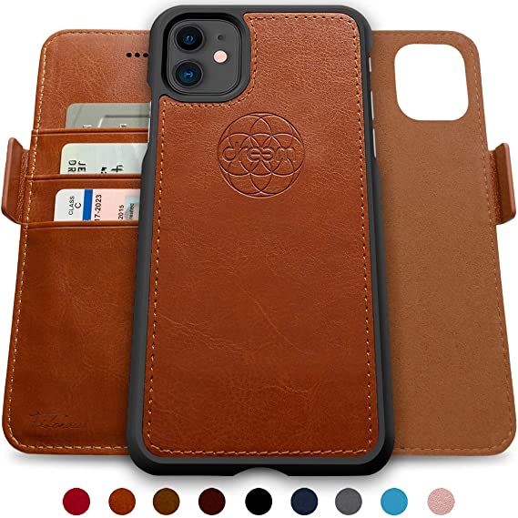 Dreem Fibonacci 2-in-1 Wallet-Case for iPhone 11, Magnetic Detachable Shock-Proof TPU Slim-Case, RFID Protection, 2-Way Stand, Luxury Vegan Leather, GiftBox - Caramel