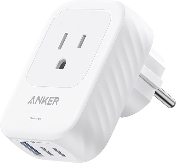 Anker Travel Adapter, 15W Max with 2 AC, 2 USB-C, and 1 USB-A Port, USA to Europe International Plug Adapter, Ideal for iPhone 15, iPad Air, and More, Compact for Travel, Cruise (TUV Listed)