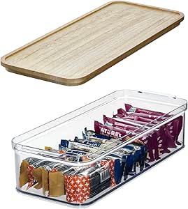 iDesign Recycled Plastic Crisp Storage Bin with Lid, The Rosanna Pansino Collection – 15.74” L x 6.61” W x 4.13” H, Clear Bin with Natural Wood Lid