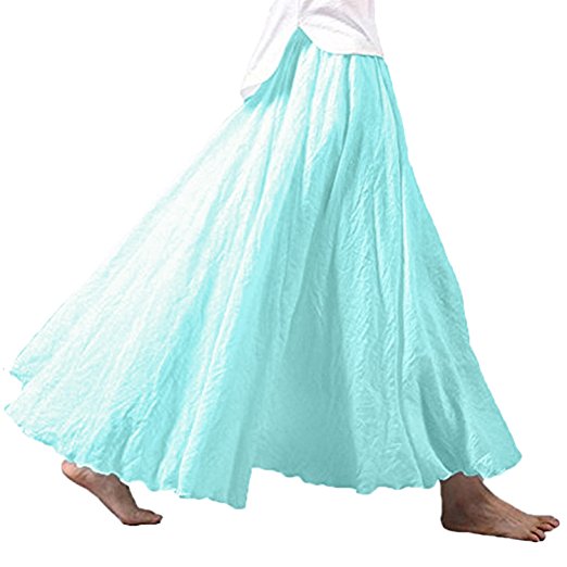 Asher Women's Bohemian Style Elastic Waist Band Cotton Linen Long Maxi Skirt Dress Waist 23.0"-35.0"