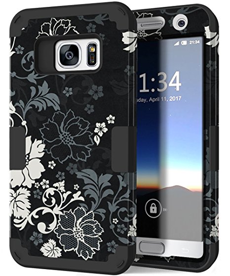 Galaxy S7 Case, Hocase Drop Protection Shock Absorbing Silicone Rubber Bumper Hard Shell Hybrid Dual Layer Full-Body Protective Phone Case for Samsung Galaxy S7 (2016) - Classic Black/White Flowers