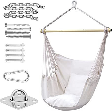 Hammock Chair with Hardware Kit: Ohuhu XL Portable Hanging Hammock Swing with 2 Cushions Metal Support Bar Side Pocket for Indoor Outdoor, Swinging Chairs for Patio Bedrooms Teen Girls Room Decor