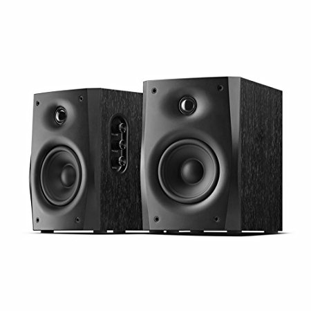 Swans - D1010-IV - 2.0 Powered Speakers - Compact Solid Wood Bookshelf Cabinet (Black) - 4" Midrange & 20mm Neodymium Tweeter - Includes Cables for 3.5mm and RCA Inputs