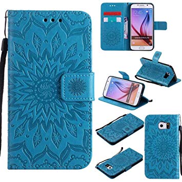 KKEIKO Galaxy S6 Case, Galaxy S6 Flip Leather Case [with Free Tempered Glass Screen Protector], Shockproof Bumper Cover and Premium Wallet Case for Samsung Galaxy S6 (Blue)