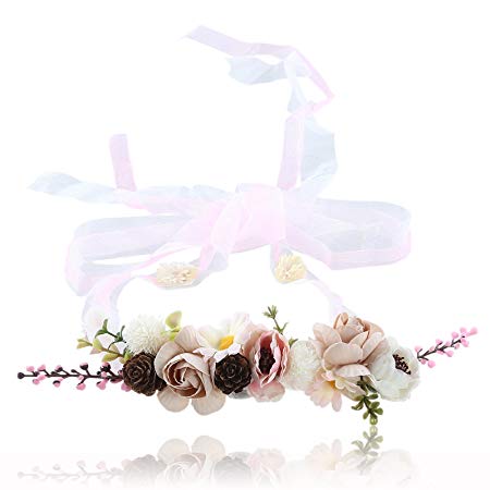 AWAYTR Bohemia Flower Crown Headband - Exquisite Pinecone Leaf Berry Flower Headband Flower Halo Wreath (Pink adjust ribbon)