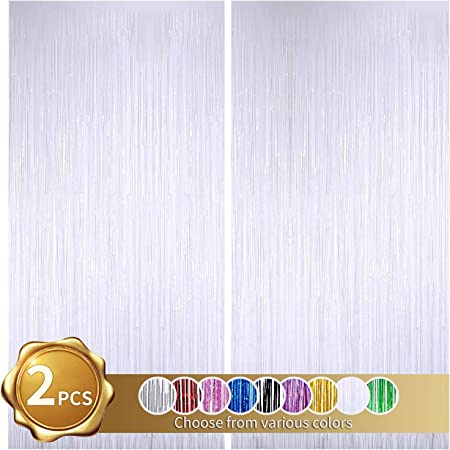 BEISHIDA 2 Pack Foil Fringe Curtain,White Tinsel Metallic Curtains Photo Backdrop Streamer Curtain for Wedding Engagement Bridal Shower Birthday Bachelorette Party Stage Decor(3.28ft x 6.56 ft)