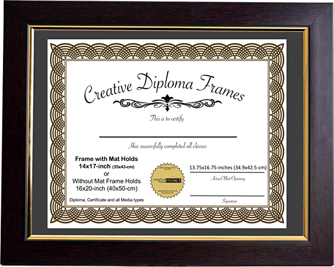 Creative Picture Frames 14x17 Eco Mahogany Diploma Frame with Gold Lip Black Mat Glass and Installed Wall Hangers | Frame Holds 16x20 Media Without Mat