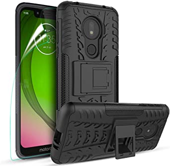 Moto G7 Play Case, XT1952 Case W [Soft Screen Protector] Heavy Duty Full-Body Protective Armor Shockproof Phone Case [Kickstand], Black