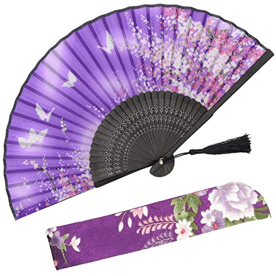 OMyTea "Sakura Chinese/Japanese Women Hand Held Silk Folding Fans with Bamboo Frame - With a Fabric Sleeve for Protection (WZS-38)