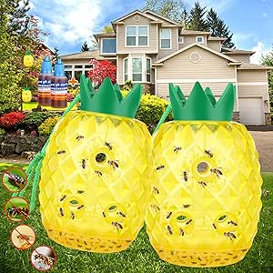 Wasp Trap Bee Catcher, Outdoor Hanging Wasp Repellent, Non-Toxic Easy to Use Reusable Hornet and Yellow Jacket Trap, 2 Pack Yellow (Pineapple Shape)