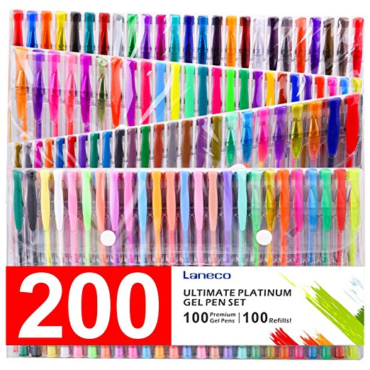 200 Coloring Gel Pens Set, Laneco 100 Unique coloring Pens Plus 100 ink Refills, 20% More Ink Than Normal gel Pen, Medium-Point (0.8 mm), Non Toxic & Acid Free , Ideal for Adult Coloring Book