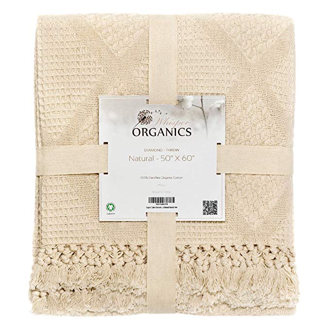 Whisper Organics Organic Cotton Throw Blanket G.O.T.S. Certified, Hypoallergenic (50x60, Natural)