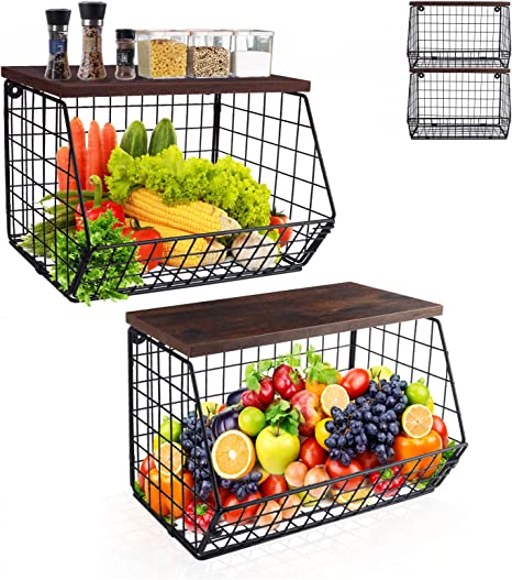 Mefirt 2pcs Fruit Basket Onion Storage Wire Baskets with Wood Lid, Stackable Wall-mounted & Countertop Tiered Kitchen Counter Organizer for Snack, Fruit and Vegetable Storage, 11.8*7.9*8.5 Inches