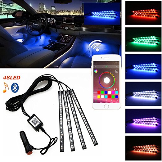 Car LED Strip Light,4pcs 48 LED Bluetooth App Controller Interior Lights for Car Multicolor Music Timer Atmosphere Decorative Under Dash Lighting Kit with Sound Activated Function,Car Charger Included