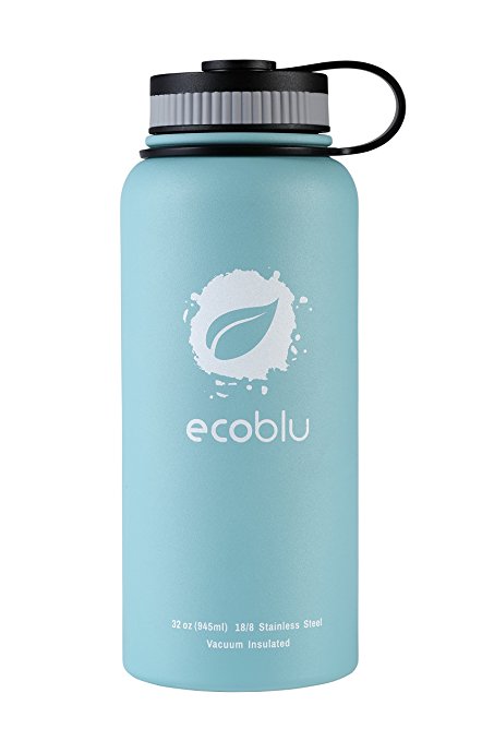 Ecoblu 32 Ounce Double Walled Stainless Steel Water Flask - BPA Free and Long Lasting Water Bottle for Hot and Cold Liquids - Perfect for Men and Women with Great Color Options!