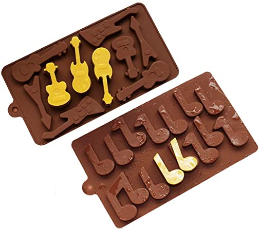 2-Pack Guitar and Musical Note Molds Set - Mold Music Instruments Silicone Mold for Chocolate, Jello Shot, Ice Cubes, Cake Decoration, Candy