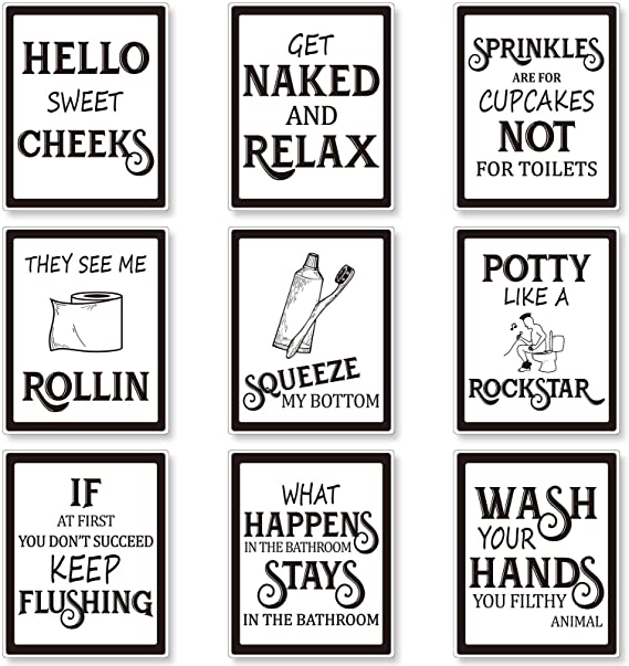 9 Pieces Bathroom Wall Art Wall Decor, Funny Vintage Bathroom Sign Bathroom Quotes Sayings Art Prints Bathroom Posters for Wall Restroom Bathroom Decor Pictures, Unframed (Black Font)