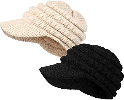 SATINIOR 2 Pieces Warm Cable Knit Cap with Brim Unisex Ribbed Knit Hat with Visor Beige and Black