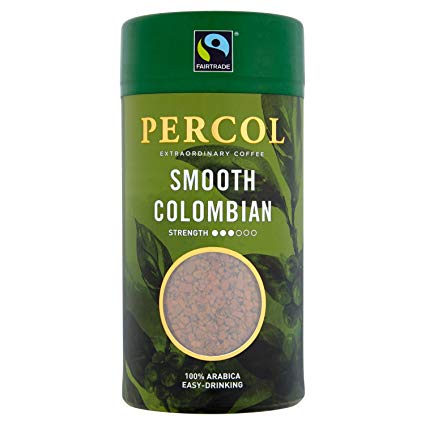 PERCOL SMOOTH COLOMBIA INSTANT COFFEE - Easy Drinking Colombian Flavor, Aroma and Taste – Fairtrade Certified 100% Arabica Beans Freeze-Dried Coffee - Lighter Strength Blend 100g 6 Pack
