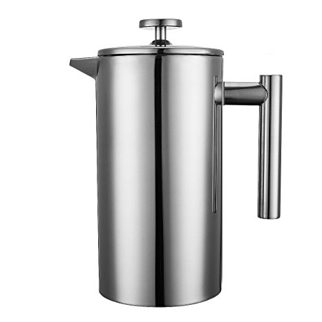 Cymas 8-Cup Stainless Steel French Press, Double Wall Coffee French Press, Tea Coffee Maker 34 oz